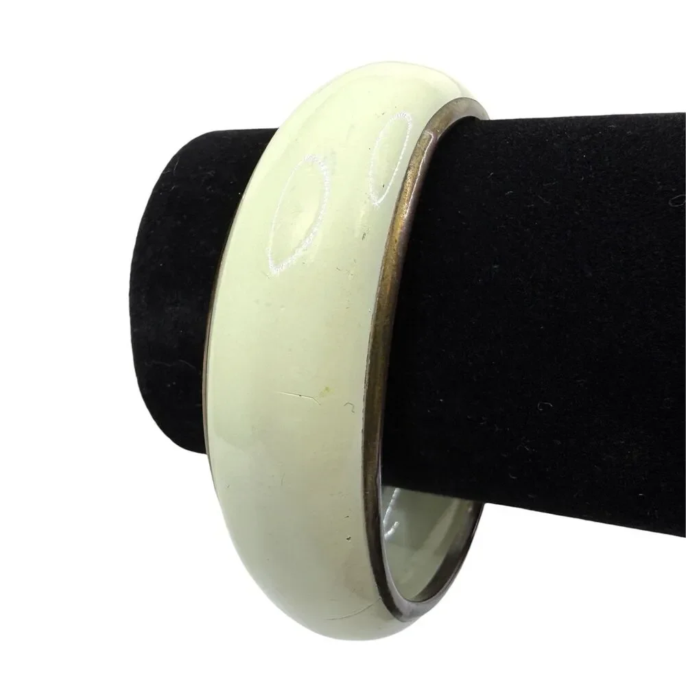 Vintage Style Cream Enamel & Bronze Tone Bangle Bracelet Fashion Jewelry 8